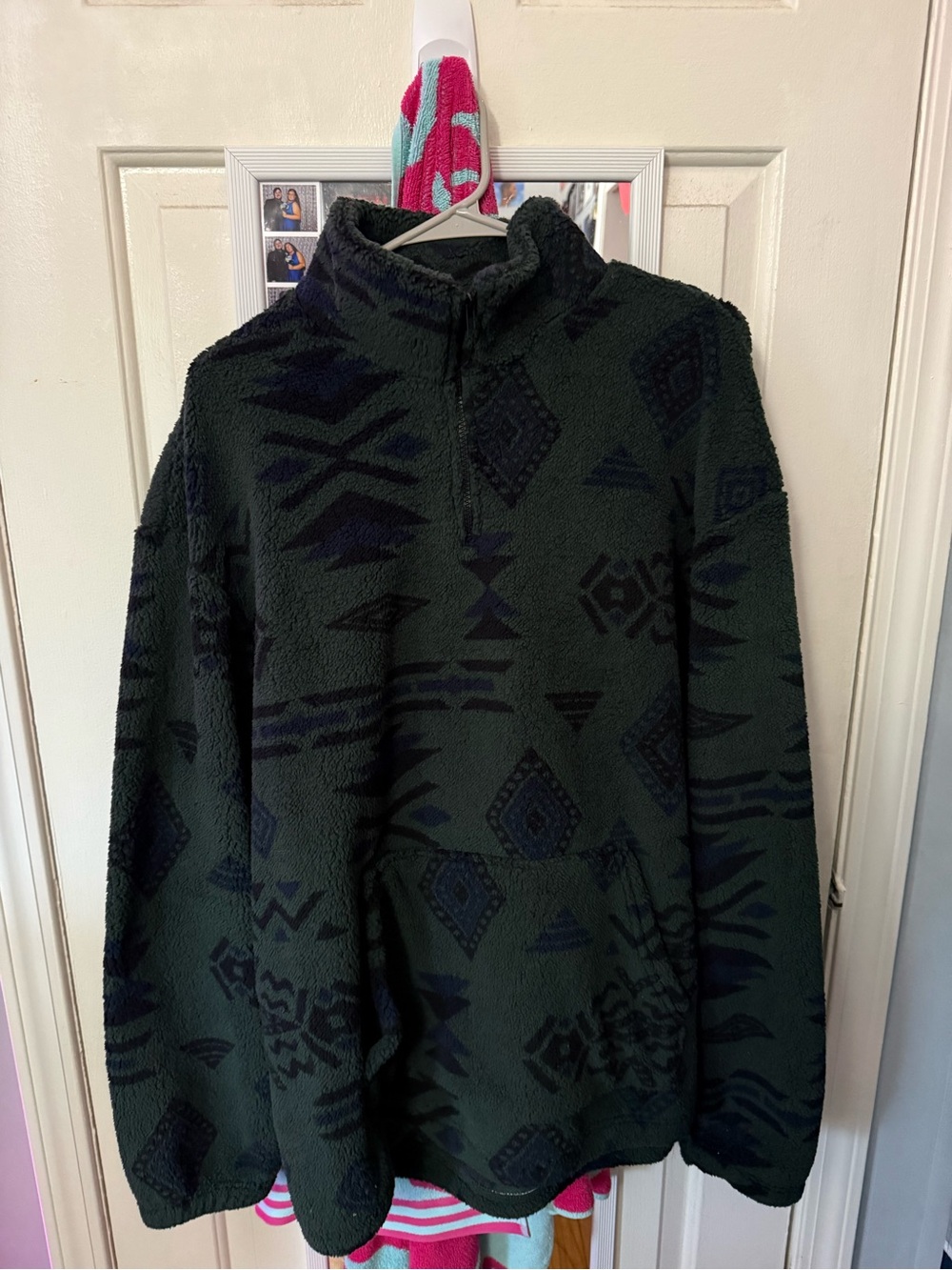 SHEIN Dark Green Patterned Sherpa Half-Zip Pullover